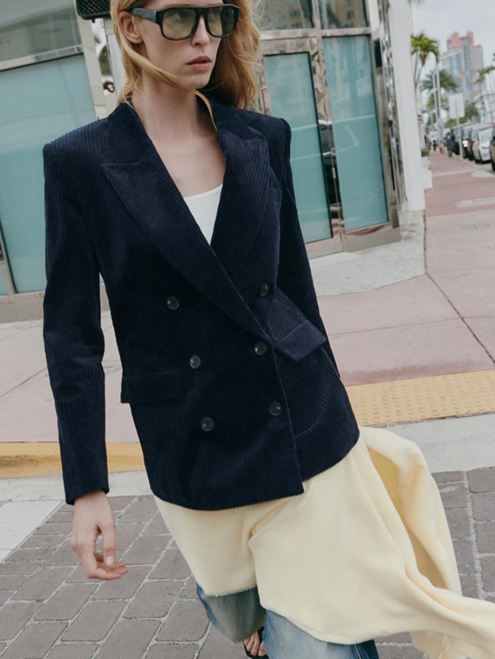 Zara Corduroy Double-Breasted Blazer Jacket - Navy